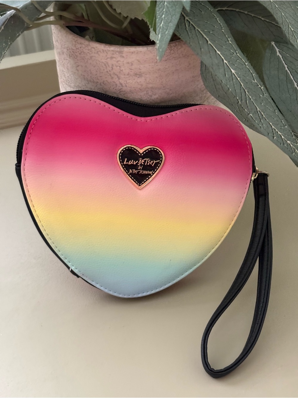 Betsey Johnson Heart Rainbow Gradient Wristlet - Pink, Yellow, Blue
